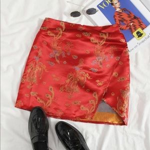 Dragon and Phoenix Jacquard Satin Split Hem Skirt